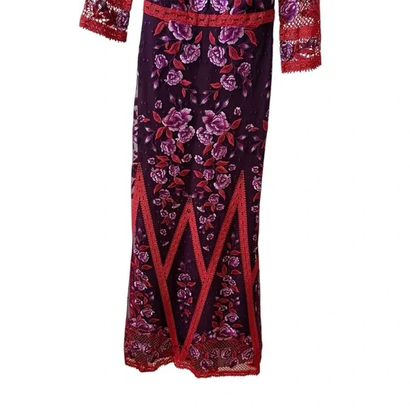 MARCHESA NOTTE Floral Guipure Lace Maxi Dress Gown Wine Sz 2